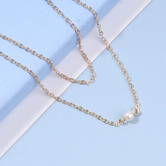 Boho Layered Pearl Choker Necklace Gold Pearl Pendant Necklace Tiny Dot Layering Necklace Vintage Necklace Chain Jewelry for Women and Girls Gifts-VivaGrace Women