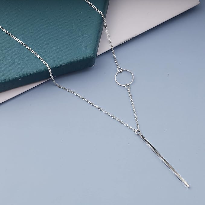 Vertical Bar Circle Necklace Silver Circle Pendant Necklace Boho Long Necklaces Chain Minimalist Geometric Ring Necklace Jewelry for Women and Girls-VivaGrace Women