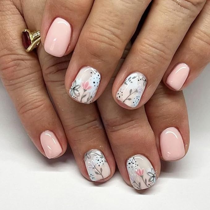 Pink Flower Press on Nails Short Square Fake Nails Cute Floral False Nails Full Cover Glue on Nails Artificial Acrylic Stick on Nails Spring Nude Pink Fake Nails for Women Manicure Kit 24Pcs