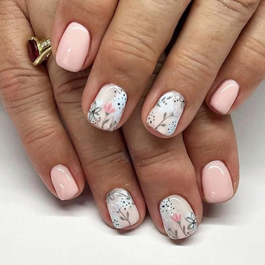 Pink Flower Press on Nails Short Square Fake Nails Cute Floral False Nails Full Cover Glue on Nails Artificial Acrylic Stick on Nails Spring Nude Pink Fake Nails for Women Manicure Kit 24Pcs
