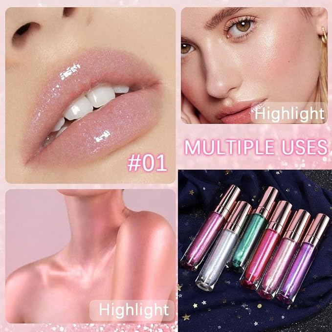 GECOMO Colorful Explosive Pearlescent Lip Gloss 3D Multifunctional Fine Glitter Chameleon Lip Gloss Polarized Diamond Makeup, Magic Big Brush Color Changing Lip Oil(101# COLORFUL FLASH)-VivaGrace Women