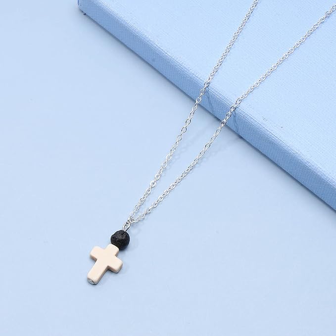 Boho Cross Pendant Necklace Black Lava Bead Choker Necklace Silver Chain Necklace Minimalist Everyday Necklace Jewelry for Women and Girls-VivaGrace Women