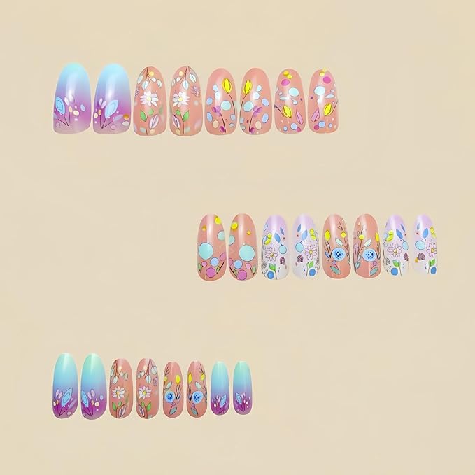Almond Press on Nails Colorful Flower Fake Nails Cute Spring False Nails for Women Full Cover Stick on Nails Reusable Acrylic Nails Medium Length Fake Nails Manicure Decor 24Pcs