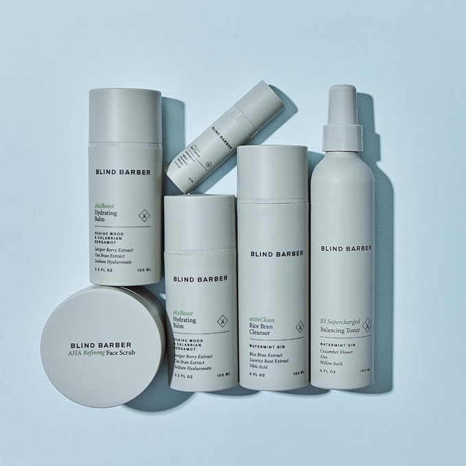 Blind Barber Regimen Skin Care Set - Face Scrub, Under Eye Cream, Supercharged Face Toner, Rice Bran Facial Cleanser & Hydrating Balm - 5 Mens Skin Care Products for Daily Use - (5 Count)-VivaGrace Women
