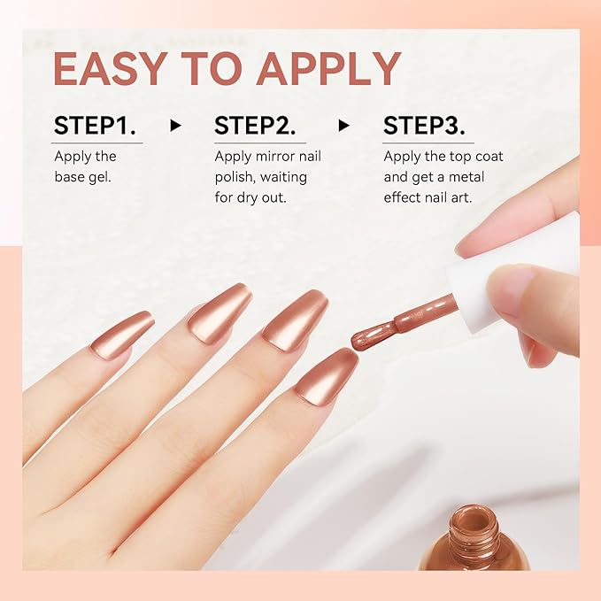 MIZHSE Quick Dry Chrome Nail Polish, Rose Gold Mirror Nail Polish 15ml, Air Dry Fast Mirror Metallic Effect for Fingernail Toenail Manicure Home