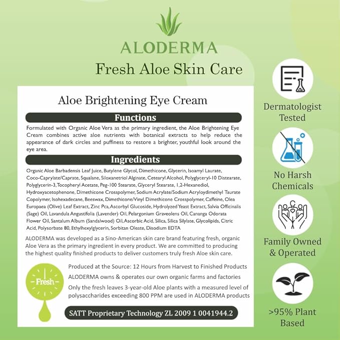 Aloderma Brightening Eye Cream with Organic Aloe Vera - Hydrating Daily Eye Cream for Dark Circles & Puffiness with Caffeine & Sage Oil - Day & Night Eye Cream for Puffy Eyes & Fine Lines, 25g/0.9oz-VivaGrace Women