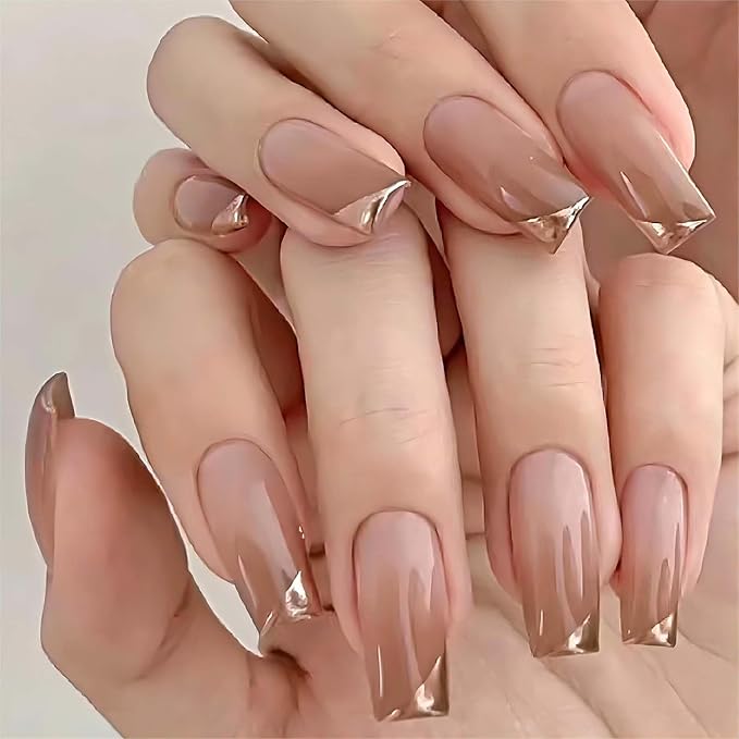 Medium Press on Nails Coffin Fake Nails with Designs Nude Gradient Acrylic False Nails with Glue French Gold Tip Artificial Nails Glossy Fake Fingernails Stick on Nails for Women 24Pcs