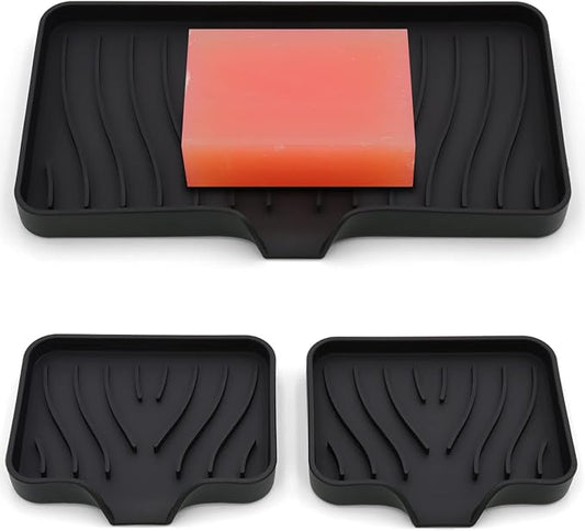 3-Pack Silicone Soap Dish, Sponge Holder for Sink, Kitchen Soap Tray, Bathroom Soap Holder, Sponge Tray with Drain (Black)-VivaGrace Women