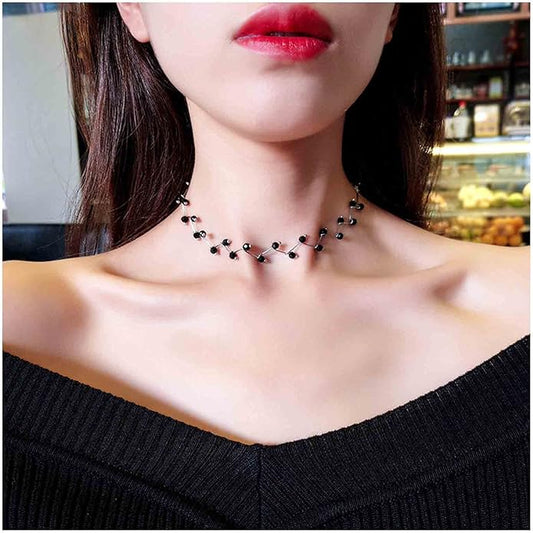 Black Crystal Choker Necklace Short Black Beaded Choker Necklace Silver Chain Necklace Minimalist Necklace Jewelry for Women and Girls-VivaGrace Women