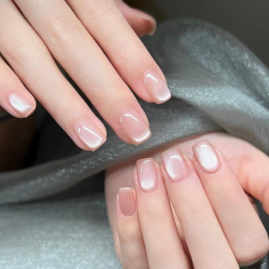 Cat Eye Pink Press On Nails Short Square 30 Pcs, Flower Designer Reusable Acrylic Fake Nails with Glue, Glossy Soft Gel Nails Wedding and Party, Stick On Glue On Nails, Nails for Women Gift