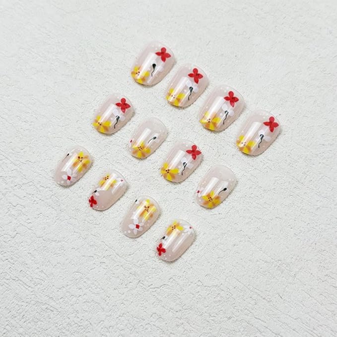 Flower Press on Nails Short Almond False Nails with Yellow White Red Floral Design Glossy Pink Glue on Nails Spring Stick on Nails Full Cover Reusable Summer Fake Nails for Women Girls Manicure 24Pcs