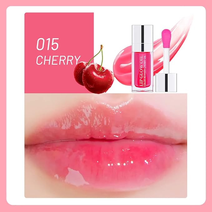 Lip Oil Hydrating Tinted Lip Balm, Plump Lip Gloss Lip Care Transparent Toot Lip Oil Tinted (015# Cherry Red)-VivaGrace Women