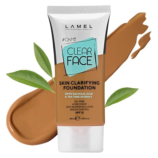 Lamel- Oh my Clear Face Foundation- SPF15-407 Meiduim Tan | Contains tea tree extract and salicylic acid |Controls sebum production |Anti-blemish formula |SPF 15 |Oil free foundation | 40ml-VivaGrace Women