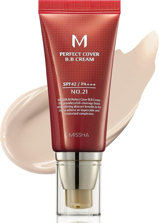 MISSHA M Perfect Cover BB Cream No.21 Light Beige - Light with Cool Undertone SPF 42 PA +++1.69 Fl Oz - Tinted Moisturizer for face with SPF-VivaGrace Women