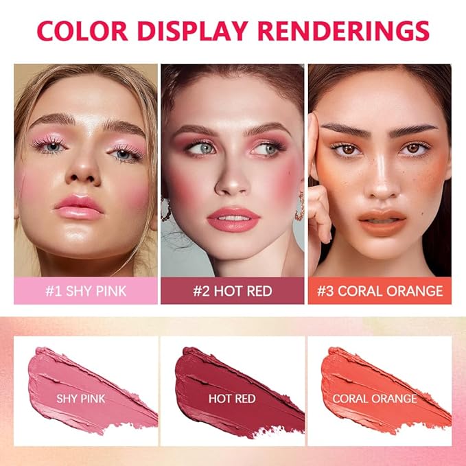 Blush Stick Matte Finish Waterproof Long Lasting Pink Red Cheek Lip Make-up Multi Lip Tint Stick Highlighter High Pigment Rouge Blush for Women Lady Daily Lip Cheek Makeup (2#hot red)-VivaGrace Women