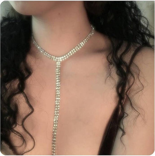 Boho Rhinestone Crystal Y Necklace Tennis Chain Y Lariat Necklace Long Gold CZ Drop Chain Necklace Sparkle Party Nightclub Necklace Chain Jewelry for Women and Girls-VivaGrace Women