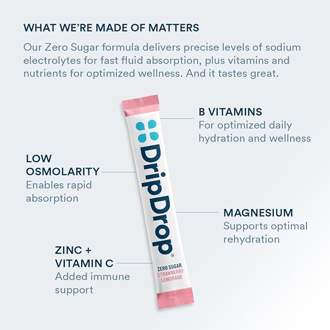 DripDrop Sugar Free Hydration Packets - Zero Strawberry Lemonade - Single Serve Electrolytes Powder Drink Mix - Non-GMO, Gluten Free, Vegan - 32 Sticks-VivaGrace Women