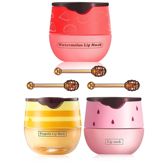 3 PCS Bee Lip Balm Honey Pot, Exfoliating Honey Strawberry Watermelon Lip Mask Overnight with Built-In Brush, Hydrating Prevention Dry and Crack Lip Scrubs Exfoliator Lip Wrinkle Care-VivaGrace Women