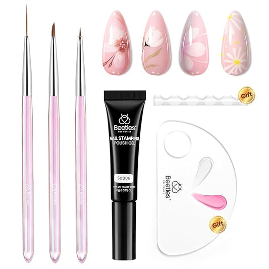 Beetles Nail Art Brushes Set for Gel Polish 3 Pcs Nail Art Design Pen and One White Painting Gel All-in-One Petal Brush Kit Flower DIY with Palette Dotting Manicure Tool Set-VivaGrace Women