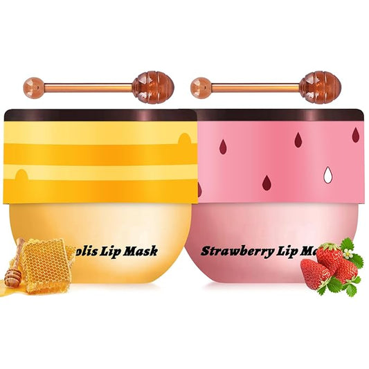2PCS Bee Lip Balm Honey Pot, Honey Strawberry Lip balm Lip Mask with Stick, Moisturizing Lip Sleeping Mask Day & Night Lip Care - Hydrate Repair Prevent Dry Cracked Exfoliate (Honey & Strawberry)-VivaGrace Women