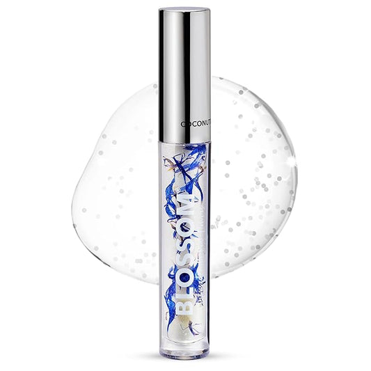 Blossom Moisturizing and Hydrating Shimmer Sparkle Lip Oil with Olive Oil + Grape Seed Oil, Infused with Real Flowers, 3g, Coconut-VivaGrace Women