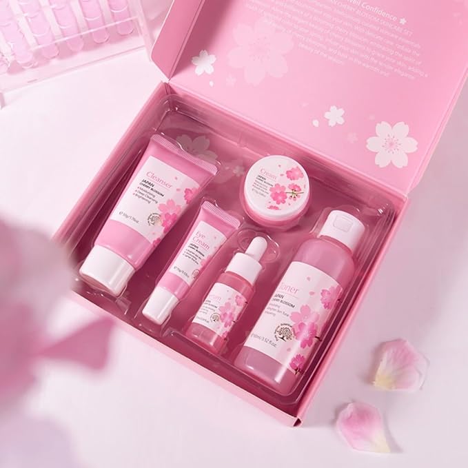 Greyghost Skin Care Set for Teenage Girls Women, 5 Pcs Cherry Blossom Skincare Set - Cleanser, Toner, Serum, Eye cream, Cream, Gentle Skin Cleaning & Care Gift Set, Travel Size Skin Care Set-VivaGrace Women