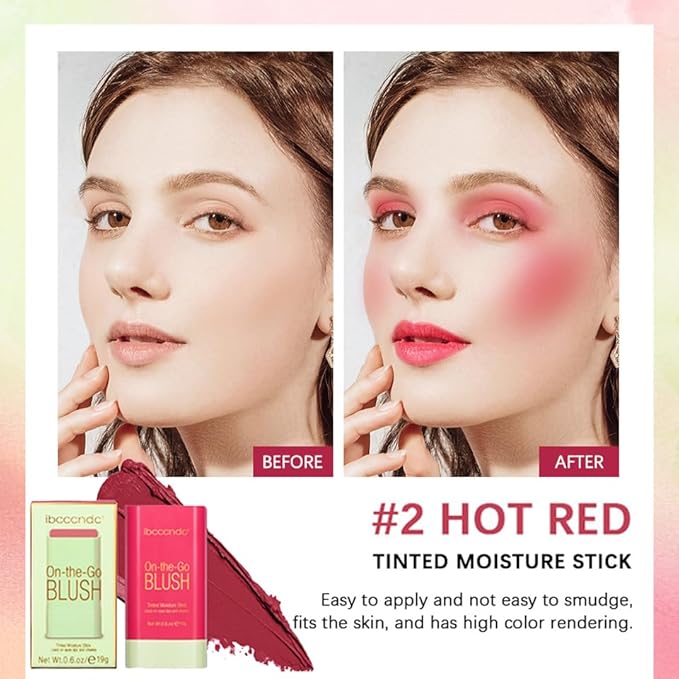 Multi-Use Makeup Blush Stick, Tinted Solid Moisturizer On-the-Go Blush, Multi-use Cream Blush Stick for Cheek & Eyes & Lips, Waterproof Natural Nude Makeup for All Skin (2# Hot Red)-VivaGrace Women