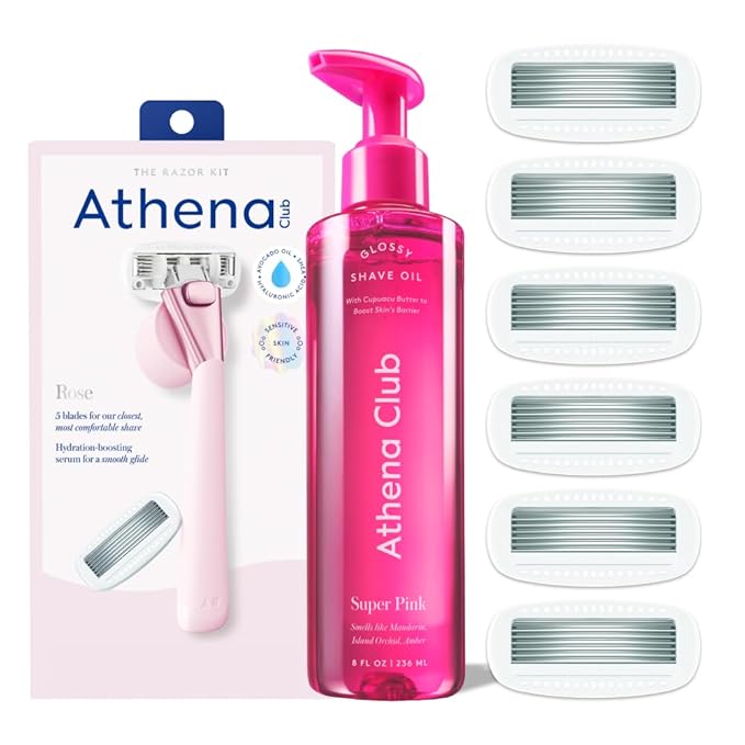 Women's Razor Shave Kit, 1 Rose Razor Handle + 6 Blade Refills + Super Pink Glossy Shave Oil-VivaGrace Women