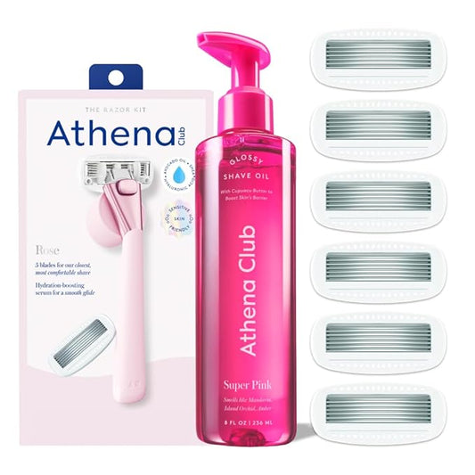 Women's Razor Shave Kit, 1 Rose Razor Handle + 6 Blade Refills + Super Pink Glossy Shave Oil-VivaGrace Women