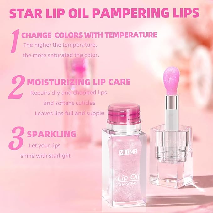 2PCS/Set MILEMEI Color Changing Lip Oil Magic Moisturizing, Big Brush Plumping Lip Oil, Plumping Glimmer Glow-VivaGrace Women