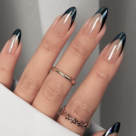 Medium Fake Nails Almond Press on Nails with Chrome Designs French Tip Glue on Nails Black Glossy False Nails for Women and Girls