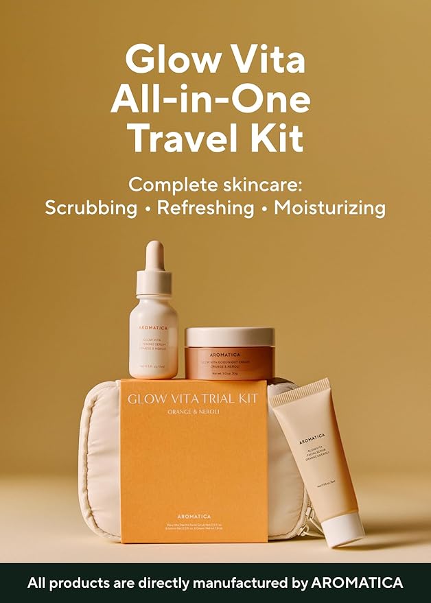 AROMATICA Glow Vita Trial Kit - Travel Size Skin Care Set [Vitamin C Serum 0.5 fl.oz, Facial Scrub 0.5 fl.oz, Goodnight Cream with Retinol 1oz] - Travel Kit for Women-VivaGrace Women