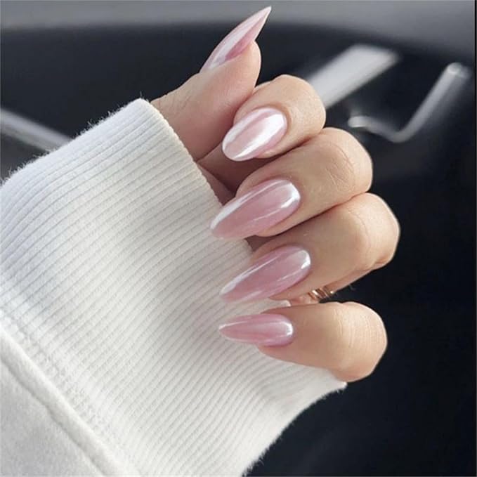 Pink Chrome Press on Nails Almond Medium Fake Nails with Designs Full Cover False Nails Glossy Glue on Nails for Women and Girls