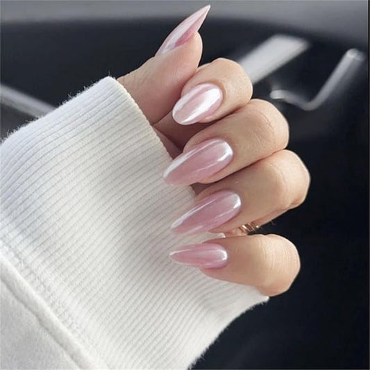 Pink Chrome Press on Nails Almond Medium Fake Nails with Designs Full Cover False Nails Glossy Glue on Nails for Women and Girls