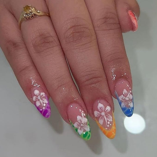 Colorful French Tips Press on Nails Medium Almond Fake Nails with White Flower Designs Spring Nails Press ons,Glossy Reusable Floral False Nails for Women Girls Manicure 24pcs