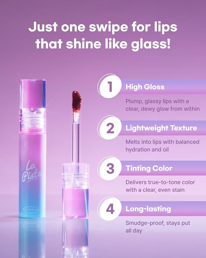DEARMAY LA PISTE LIP TINT LP07 Falling 0.14 oz. long lasting lip stain with glossy finish and lightweight texture, non sticky, hydrating formula with no flaking and glassy vivid tint, korean makeup-VivaGrace Women