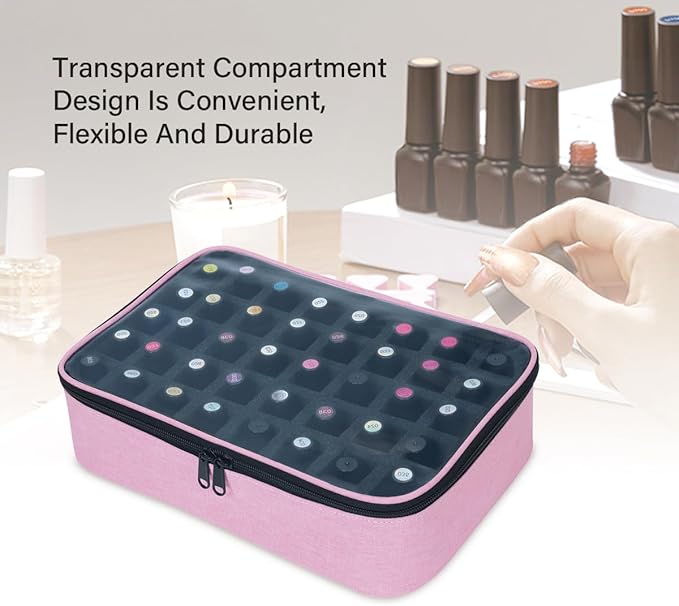 Small Clear Nail Polish Organizer Holds 40 bottles(15ml-0.5fl.oz) Nail Polish Case Multifunctional Nail Polish Bag organizer, Cosmetic Travel Makeup Bags for Women Pink