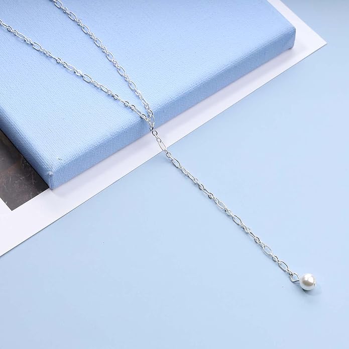 Boho Long Pearl Necklace Gold Lariat Y Necklace Choker Pearl Pendant Necklace Vintage Minimalist Necklace Chain Jewelry for Women and Girls-VivaGrace Women