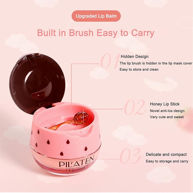 4PCS Nourishing Bee Lip Balm Honey Pot, Honey & Strawberry Lip Mask Moisturizing Lip Balm with Brush, Hydrating & Prevention Dry and Cracked Lips Reduces Lip Lines Lip Care Product-VivaGrace Women