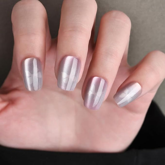 Purple Press On Nails Short Square, Cat Eye Fake Nails with Chameleon Butterfly Designs, Glossy Gel Finish Acrylic Press On Nails, Thick Natural Glue On Nails for Women, Dreamscape Butterfly