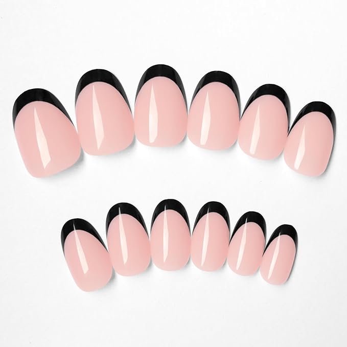 AddFavor French Tip Press on Nails Short Oval Fake Nails, 120pcs Black French Tips Nails Press on Medium Almond False Acrylic Nails for Women and Girls