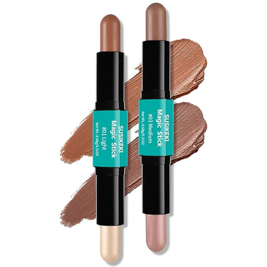Contour Stick, 2Pcs Dual-Ended Highlighter Makeup Pen & Contouring Stick for Face Shaping, Long Lasting Waterproof Cream Bronzer & Highlight Sticks Make Up Kit for All Skin Tones(01# + 03#)-VivaGrace Women