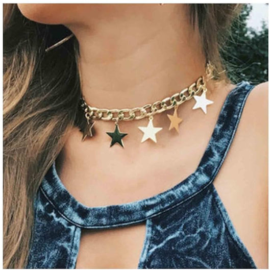 Boho Star Dangle Choker Necklace Gold Chunky Curb Chain Necklace Punk Thick Chain Choker Necklace Minimal Short Chain Necklace Jewelry for Women and Girls-VivaGrace Women