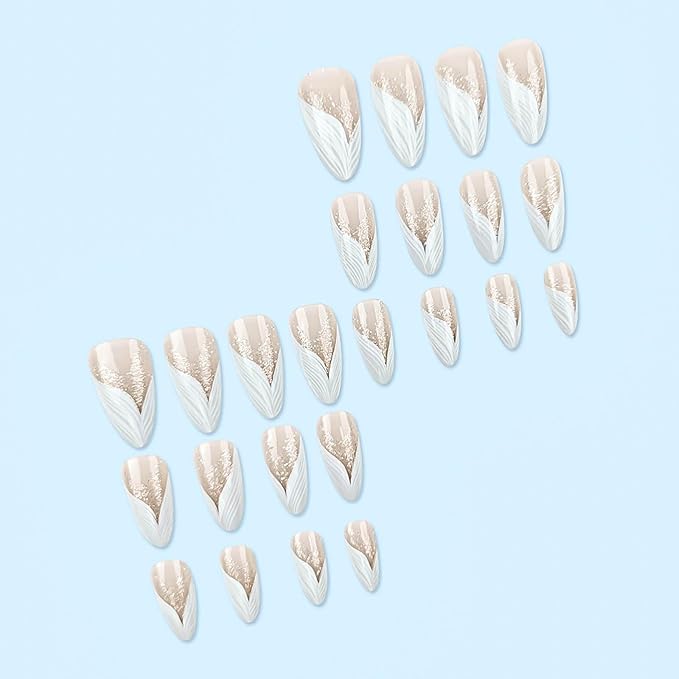 Almond Press on Nails White French Tip Fake Nails Medium False Nails with Silver Glitter Designs Almond Nail Press ons Nude Full Cover Glue on Nails Cute Stick on Nails for Women 24Pcs