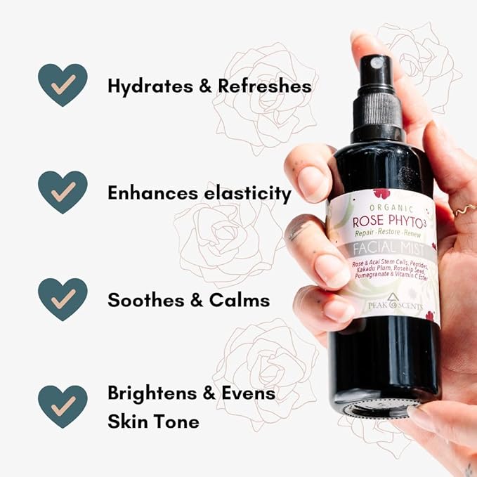 Organic & Vegan Rose Phyto³ Water Facial Spray - Moisturizing Face Mist & Setting Spray, Soothing, Hydrating Mist Rose Water For Face - Great for Facial Massaging (4 oz)-VivaGrace Women