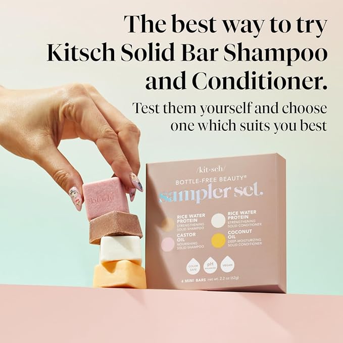 Kitsch Shampoo and Conditioner Set - 4pc Sampler Bars with Rice Water Shampoo and Conditioner, Castor Oil Shampoo & Coconut Oil Conditioner - Bottle-Free Beauty for Hair Growth, Repair & Moisture-VivaGrace Women