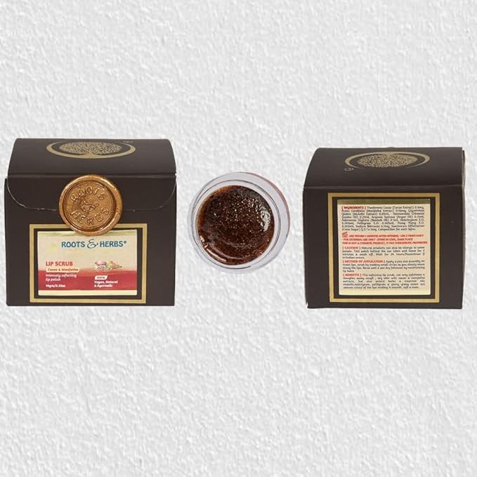 ROOTS AND HERBS Ayurvedic Cacao & Manjistha Cane Sugar Lip Scrub 100% Vegan, No-Paraben, No-SLS, No-Sulphate & Natural Treatment Exfoliator for Dark, Dry, Chapped Smooth & Brighter Lips (15gm/0.53oz)-VivaGrace Women