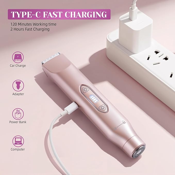 Bikini Trimmer for Women，3 in 1 Electric Razor with Ceramic Blades, IPX7 Waterproof, USB Rechargeable, Painless Hair Removal for Face，Body，Bikini Area, Travel Grooming Kit (Rose Gold)-VivaGrace Women