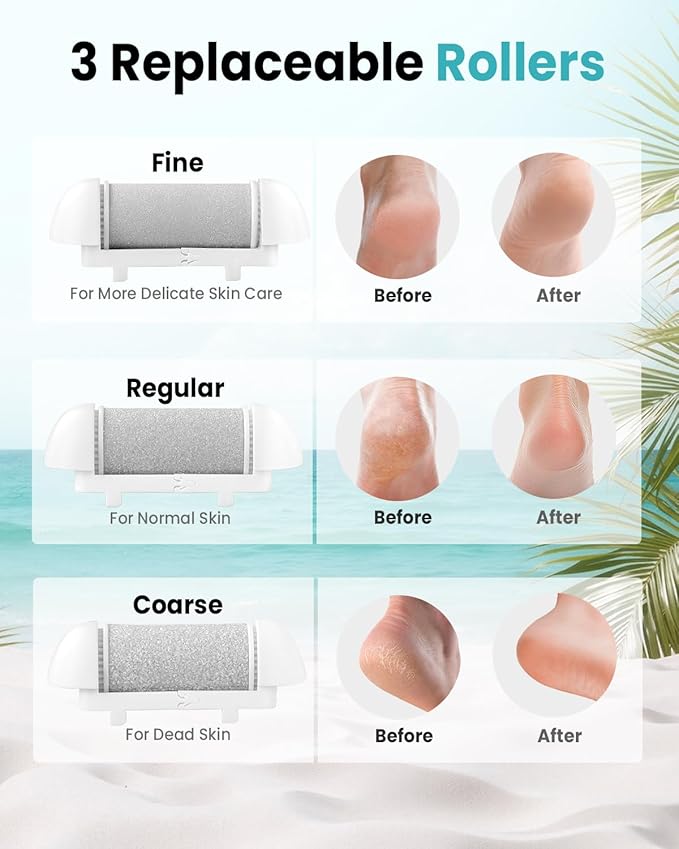 PUBOO Foot Callus Remover Electric 10000 RPM 3-Speed IPX7 Rechargeable Pedicure Kit for Hard Skin Women & Men. Portable Multi-Roller File Grinder Sander Scrubber with LED Display for Wet & Dry Feet-VivaGrace Women