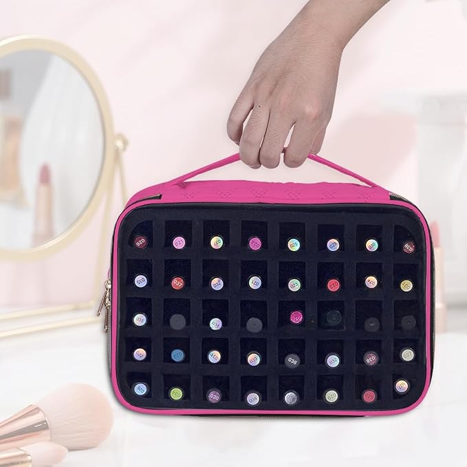 Nail Polish Bag organizer-Holds 40 bottles(15ml-0.5fl.oz)，Nail Polish Carrying Case Clear Multifunctional Cosmetic Travel Cases Makeup Bags Rose Red